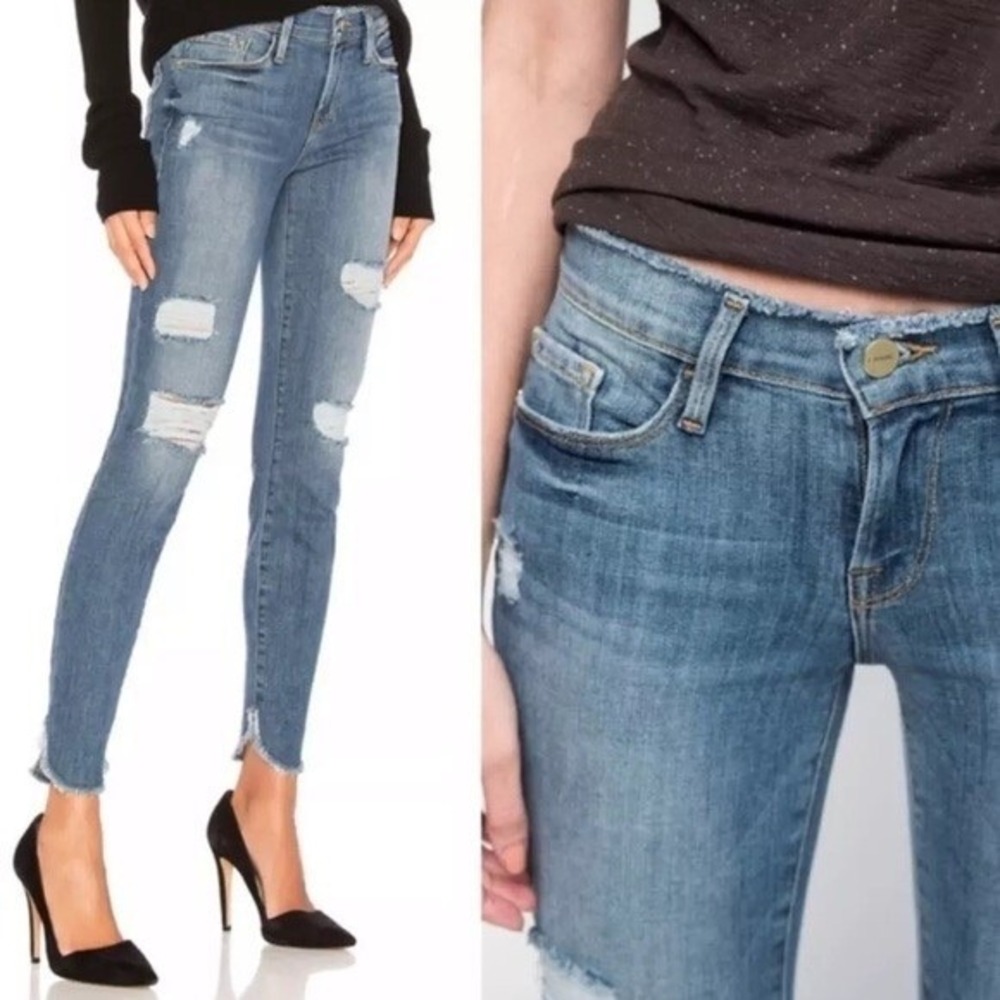 Frame Le Skinny de Jeanne Distressed Raw Hem Jeans Blue 26 Skinny‎ Leg Mid Rise